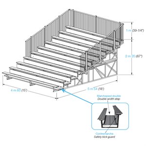 10 row bleacher, double-width step with triple handrail safety kick guard