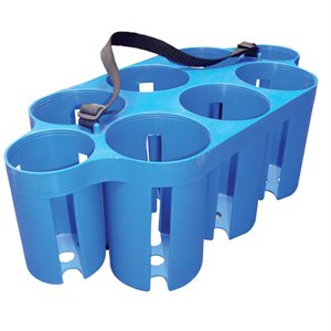 Empty carrier for 6 bottles with end compartments for hockey pucks